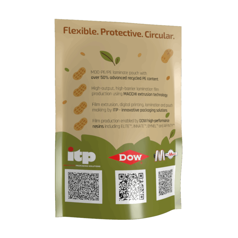 Dow, Macchi e ITP presentano a K 2025 una pouch mono-PE con oltre il 50% di riciclo chimico, riciclabile e idonea al food, esempio di economia circolare.