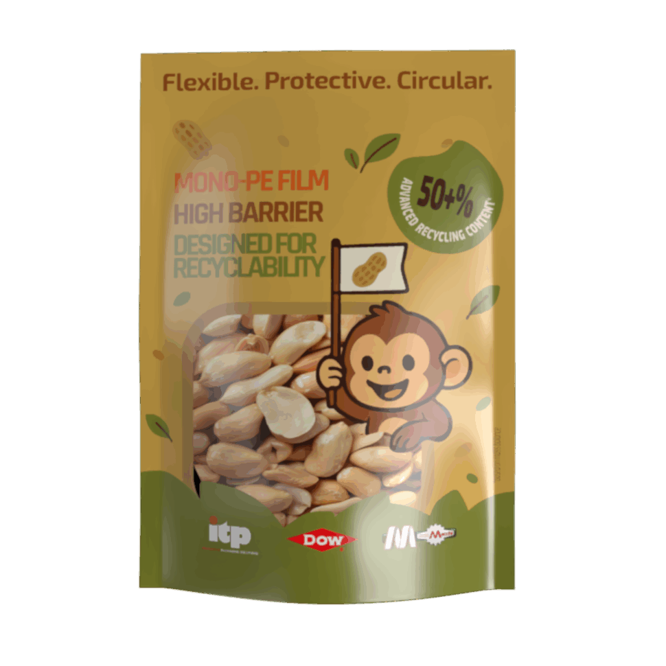 Dow, Macchi e ITP presentano a K 2025 una pouch mono-PE con oltre il 50% di riciclo chimico, riciclabile e idonea al food, esempio di economia circolare.